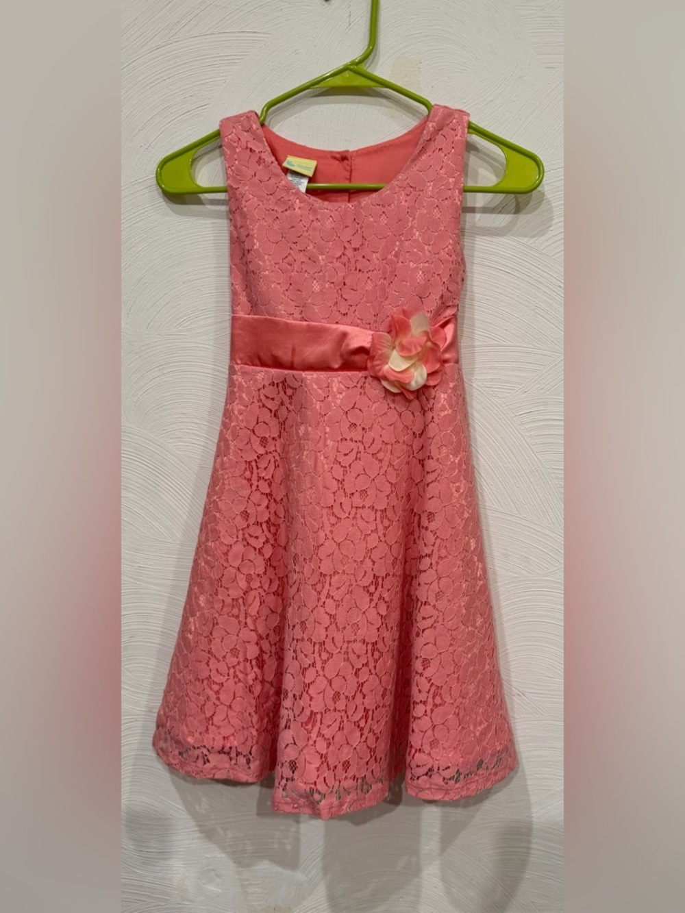 Holiday Editions Coral Lace Dress with Satin Flower Belt. Girls 7/8